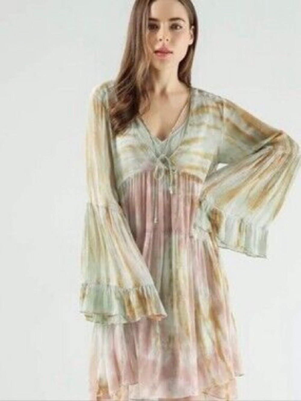 Young Fabulous & Broke Boho Tie-Front V-Neck Tiered Dress in Pastel Tie-Dye XS